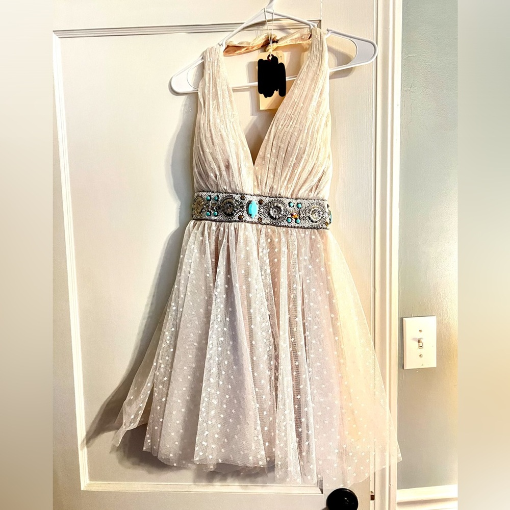 Sherri Hill Cream Halter Dress with Embellished Waist
